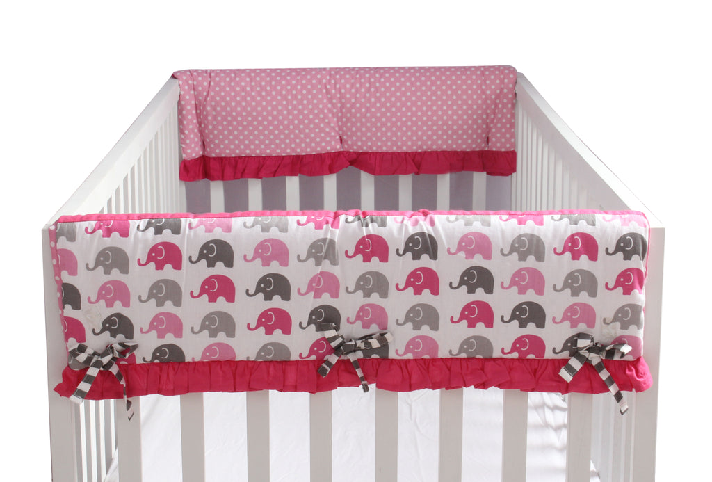 Long/Small Crib Rail Guard Covers Cotton Elephants Pink/Grey - Bacati - Crib Rail Guard - Bacati
