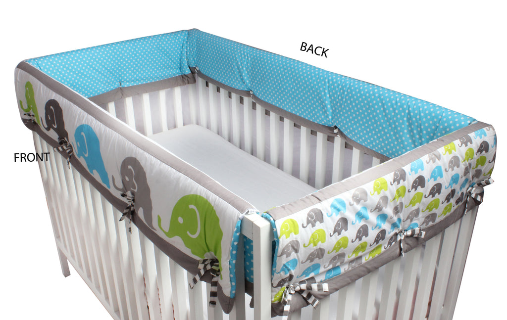 Long/Small Crib Rail Guard Covers Cotton Elephants Aqua/Lime/Grey - Bacati - Crib Rail Guard - Bacati