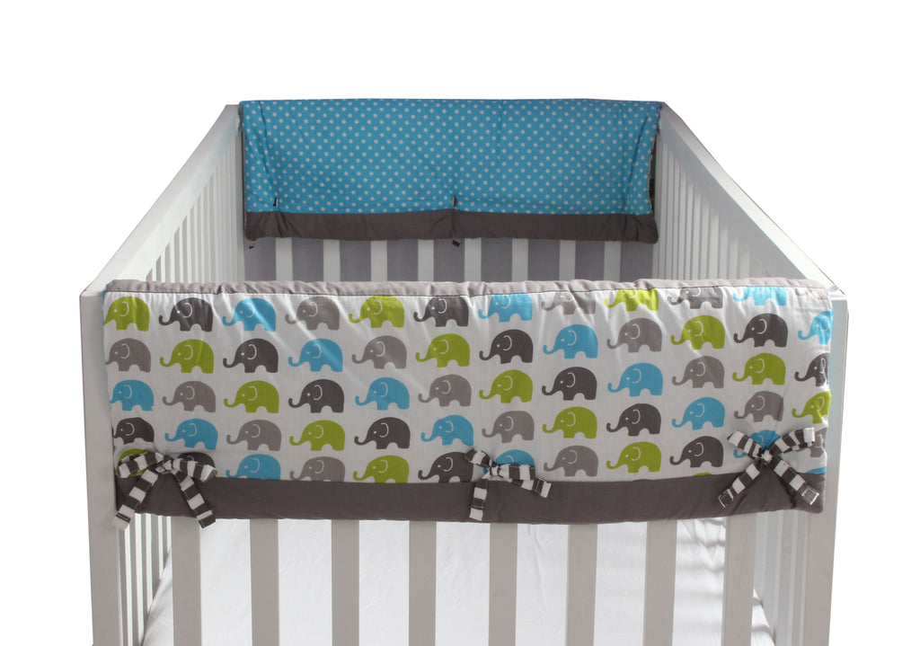 Long/Small Crib Rail Guard Covers Cotton Elephants Aqua/Lime/Grey - Bacati - Crib Rail Guard - Bacati