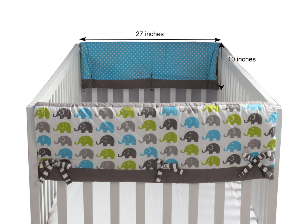 Long/Small Crib Rail Guard Covers Cotton Elephants Aqua/Lime/Grey - Bacati - Crib Rail Guard - Bacati