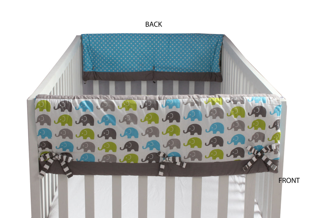 Long/Small Crib Rail Guard Covers Cotton Elephants Aqua/Lime/Grey - Bacati - Crib Rail Guard - Bacati