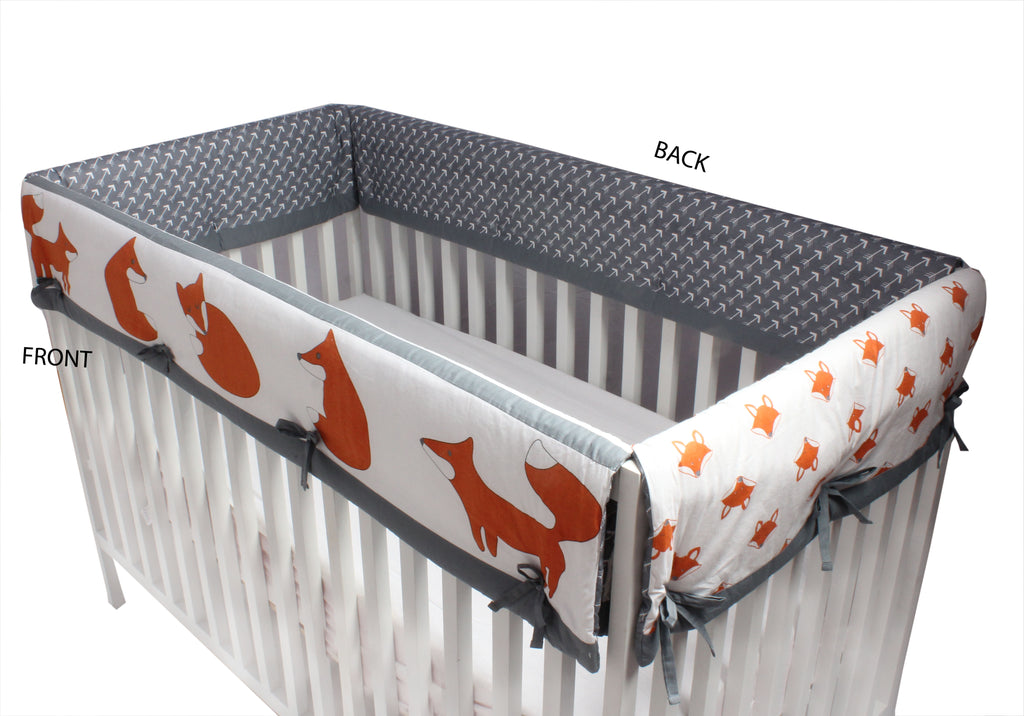 Long/Small Crib Rail Guard Covers Cotton Playful Fox Orange/Grey - Bacati - Crib Rail Guard - Bacati