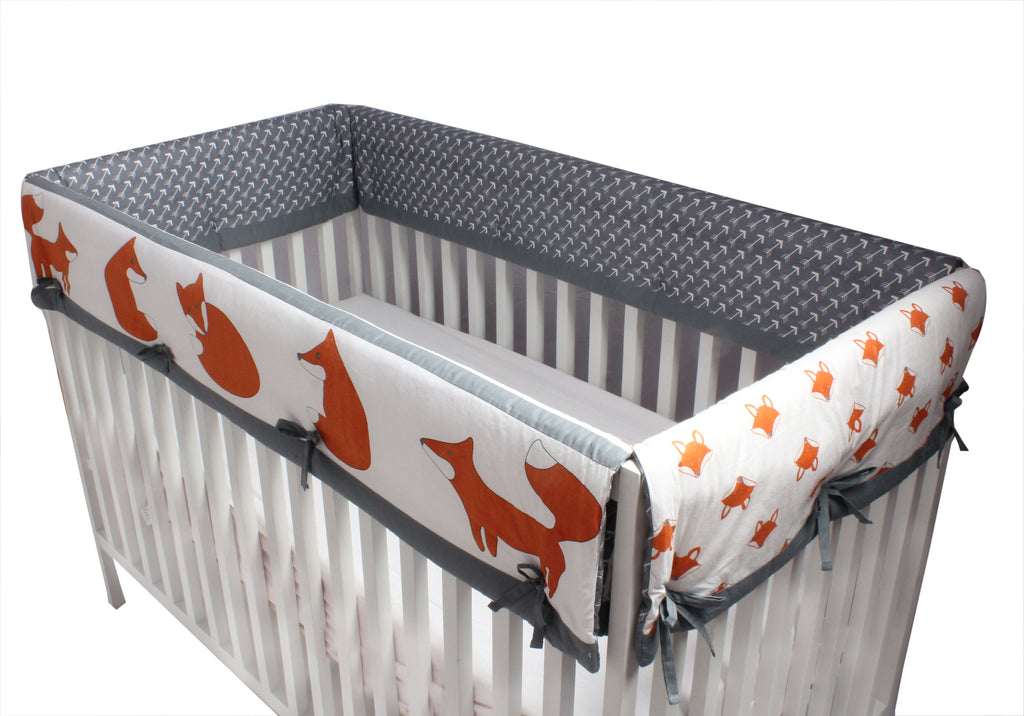 Long/Small Crib Rail Guard Covers Cotton Playful Fox Orange/Grey - Bacati - Crib Rail Guard - Bacati