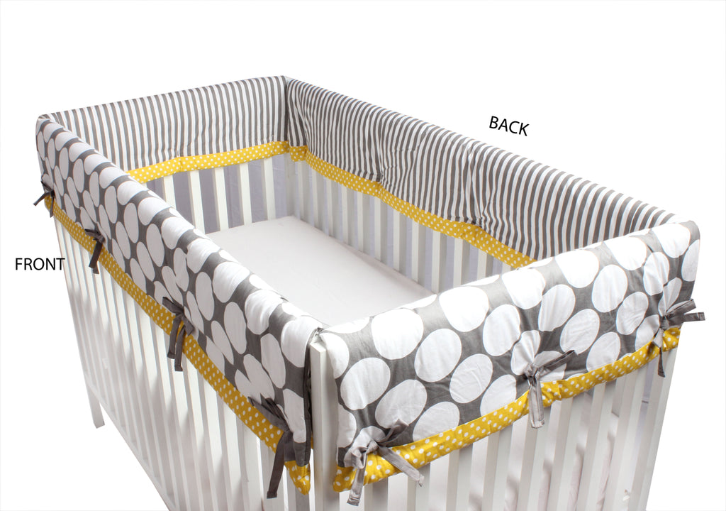 Crib Rail Guard Covers Cotton Dots/Stripes, Grey/Yellow - Bacati - Crib Rail Guard - Bacati