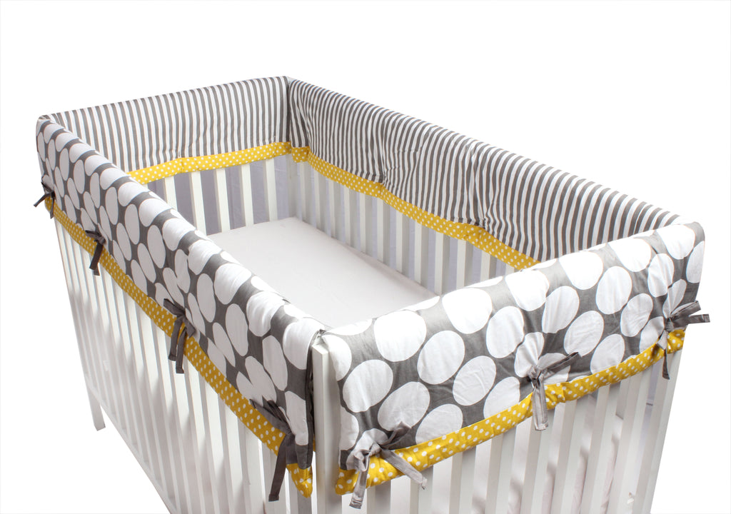 Crib Rail Guard Covers Cotton Dots/Stripes, Grey/Yellow - Bacati - Crib Rail Guard - Bacati
