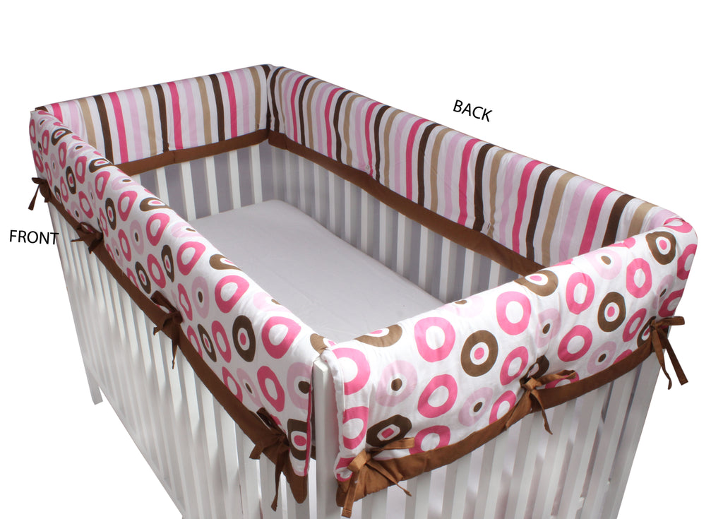 Long/Small Crib Rail Guard Covers Mod Dots/Stripes, Pink/Brown - Bacati - Crib Rail Guard - Bacati