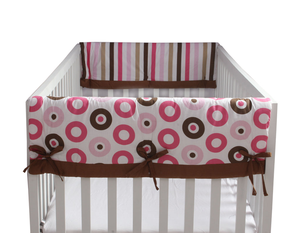 Long/Small Crib Rail Guard Covers Mod Dots/Stripes, Pink/Brown - Bacati - Crib Rail Guard - Bacati