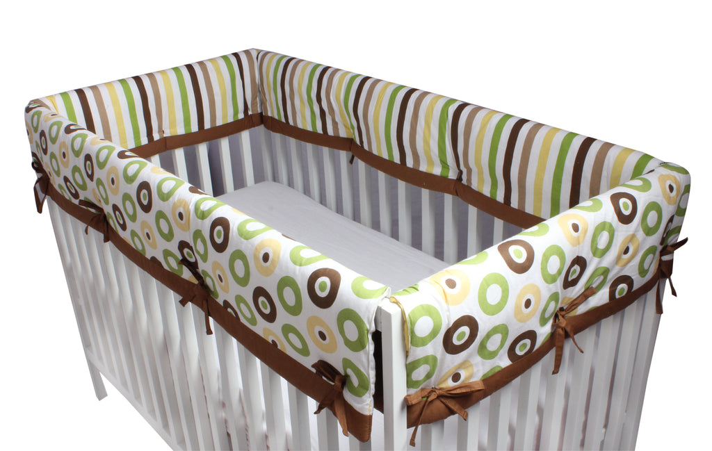 Long/Small Crib Rail Guard Covers Cotton Mod Dots/Stripes, Green/Yellow/Brown - Bacati - Crib Rail Guard - Bacati