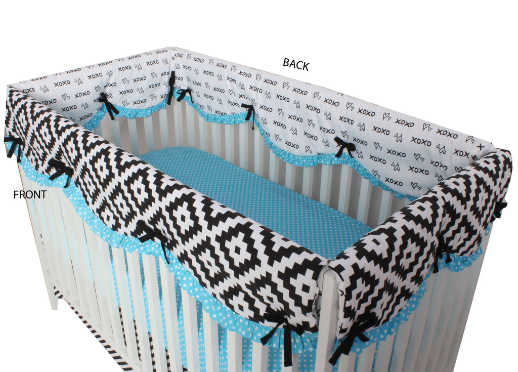 Long/Small Crib Rail Guard Covers Cotton Love Aztec, Black/Aqua - Bacati - Crib Rail Guard - Bacati