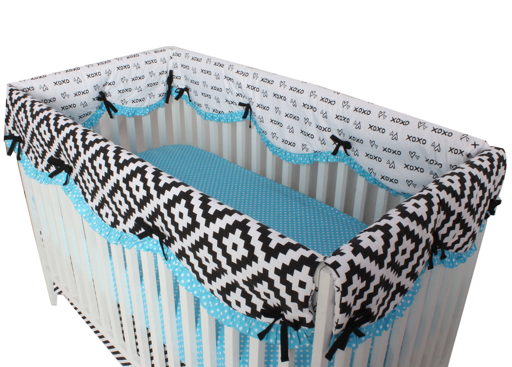 Long/Small Crib Rail Guard Covers Cotton Love Aztec, Black/Aqua - Bacati - Crib Rail Guard - Bacati