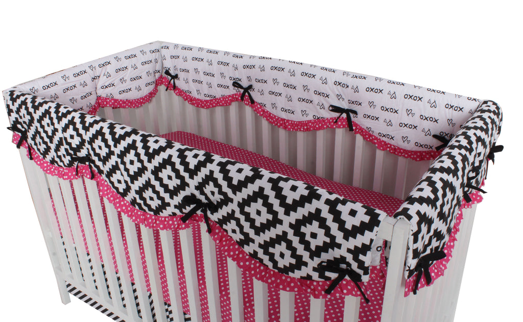 Crib Rail Guard Covers Cotton Love Aztec, Black/Fuchsia - Bacati - Crib Rail Guard - Bacati