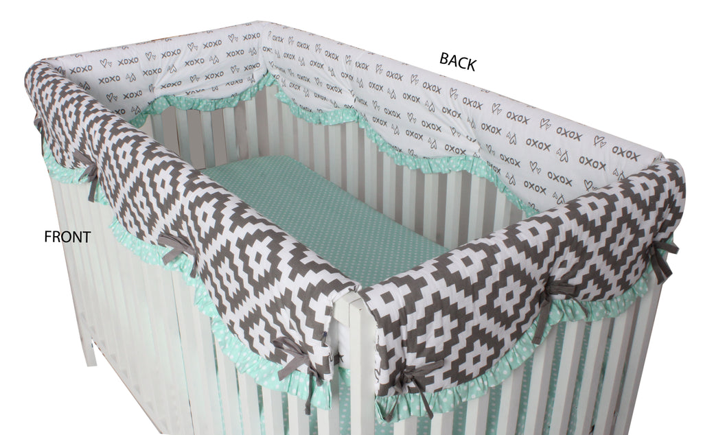 Crib Rail Guard Covers Cotton Love Aztec, Grey/Mint - Bacati - Crib Rail Guard - Bacati