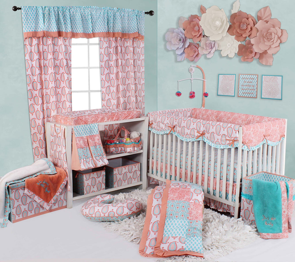 Long/Small Crib Rail Guard Covers Cotton Paisley Sophia Coral/Aqua - Bacati - Crib Rail Guard - Bacati