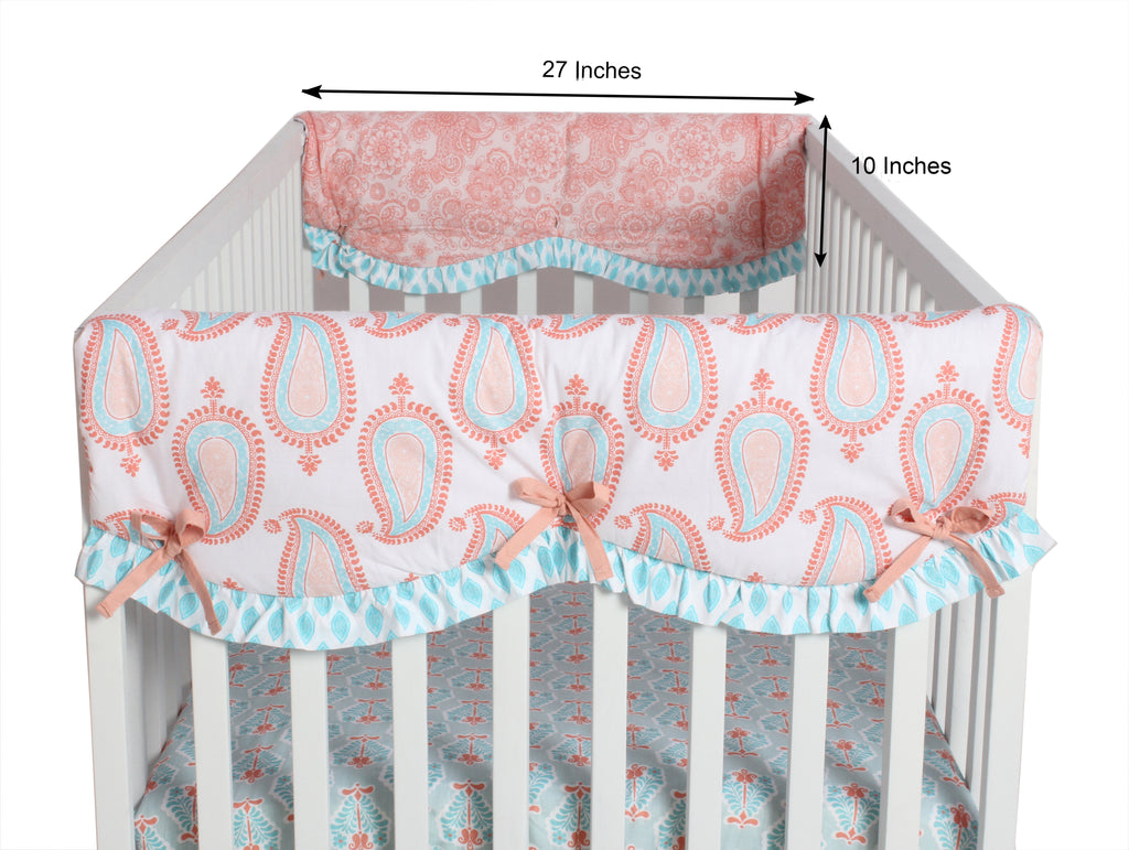 Long/Small Crib Rail Guard Covers Cotton Paisley Sophia Coral/Aqua - Bacati - Crib Rail Guard - Bacati