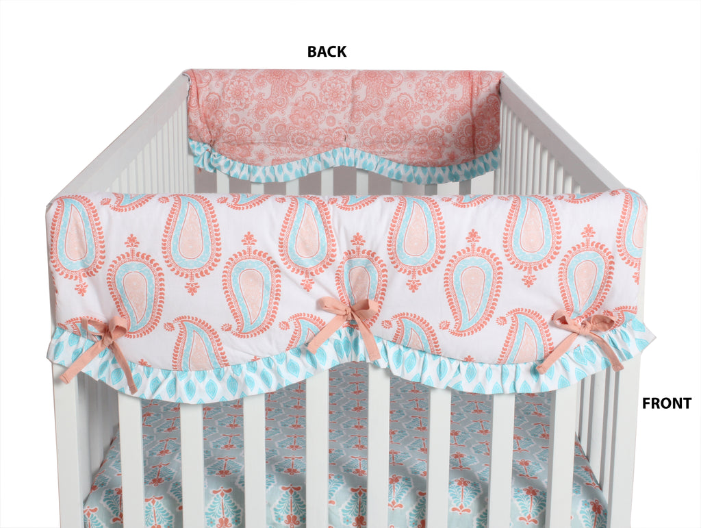 Long/Small Crib Rail Guard Covers Cotton Paisley Sophia Coral/Aqua - Bacati - Crib Rail Guard - Bacati