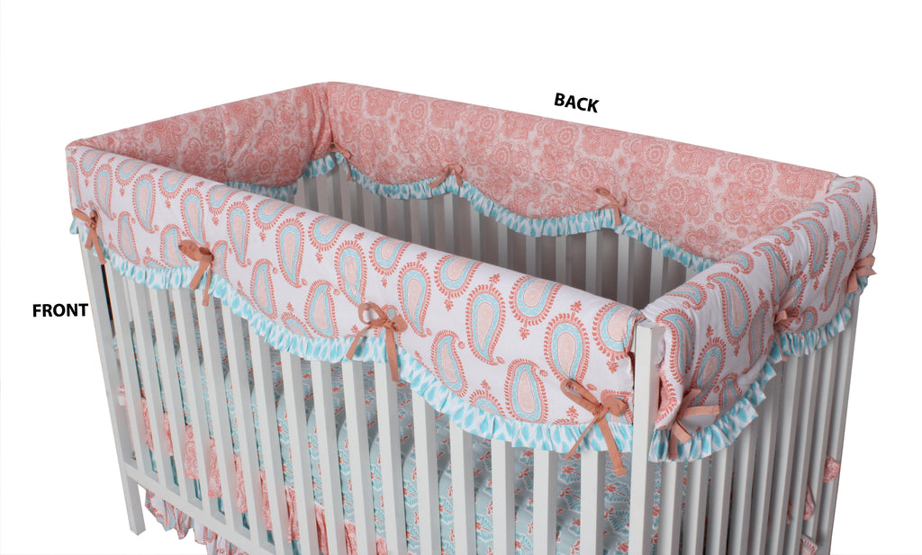 Long/Small Crib Rail Guard Covers Cotton Paisley Sophia Coral/Aqua - Bacati - Crib Rail Guard - Bacati