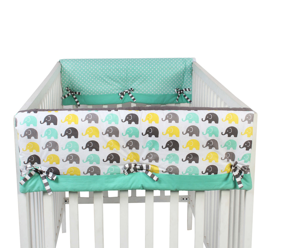 Long/Small Crib Rail Guard Covers Cotton Elephants Mint/Yellow/Grey - Bacati - Crib Rail Guard - Bacati