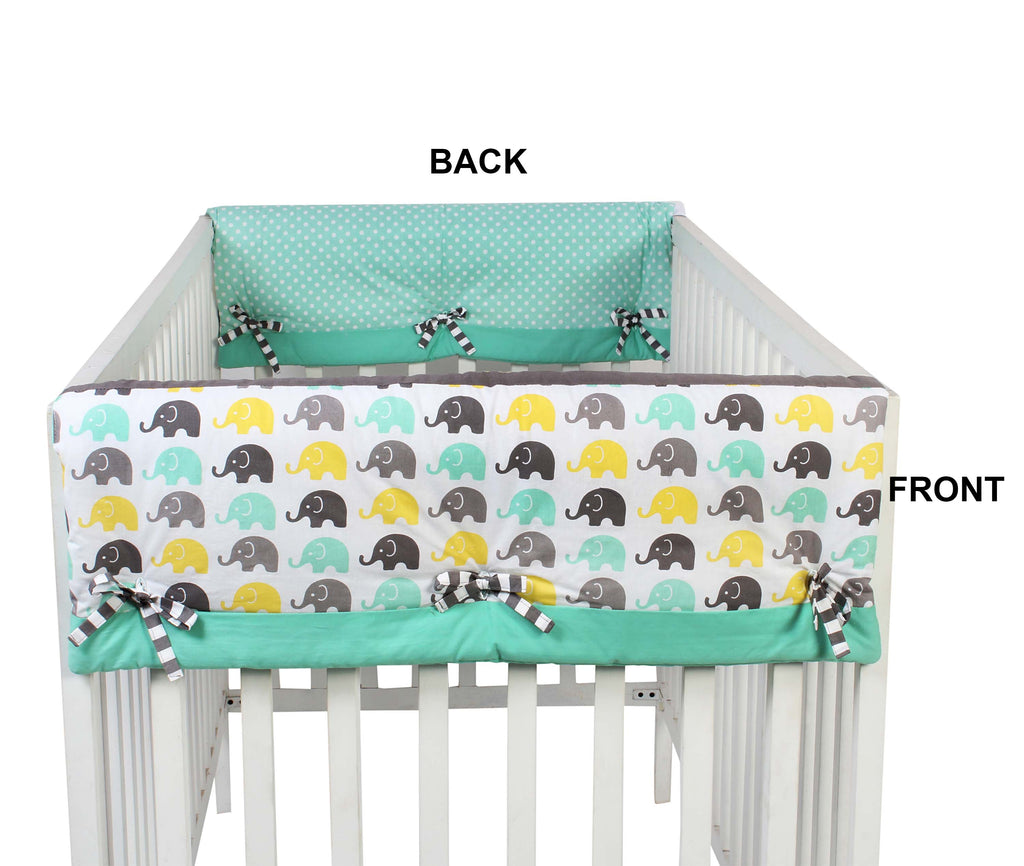 Long/Small Crib Rail Guard Covers Cotton Elephants Mint/Yellow/Grey - Bacati - Crib Rail Guard - Bacati