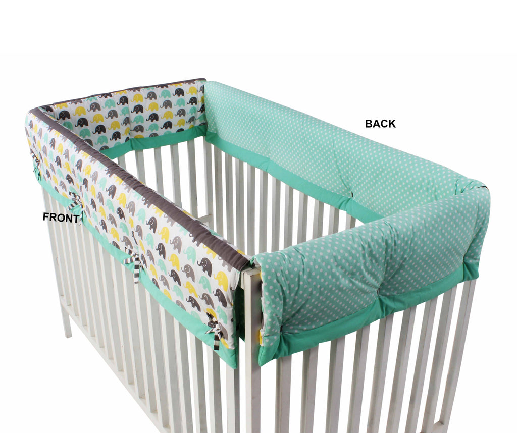 Long/Small Crib Rail Guard Covers Cotton Elephants Mint/Yellow/Grey - Bacati - Crib Rail Guard - Bacati