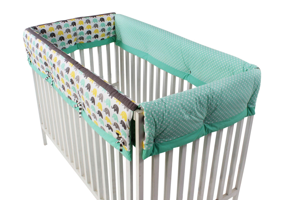 Long/Small Crib Rail Guard Covers Cotton Elephants Mint/Yellow/Grey - Bacati - Crib Rail Guard - Bacati