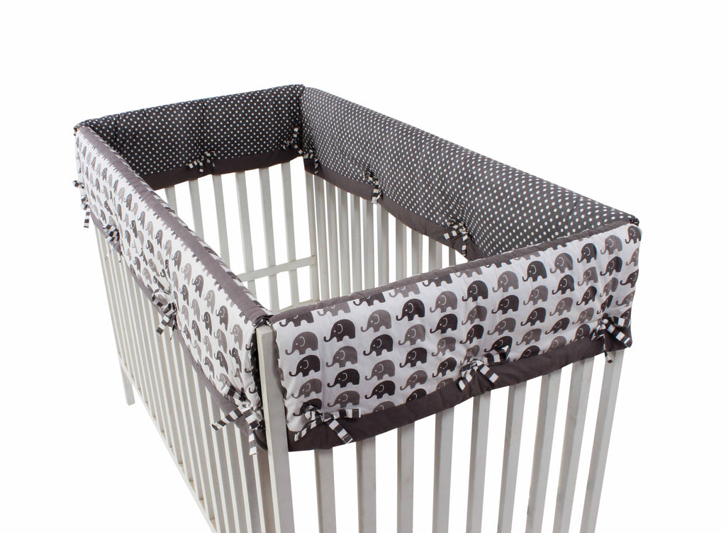 Long/Small Crib Rail Guard Covers Cotton Elephants White/Grey - Bacati - Crib Rail Guard - Bacati