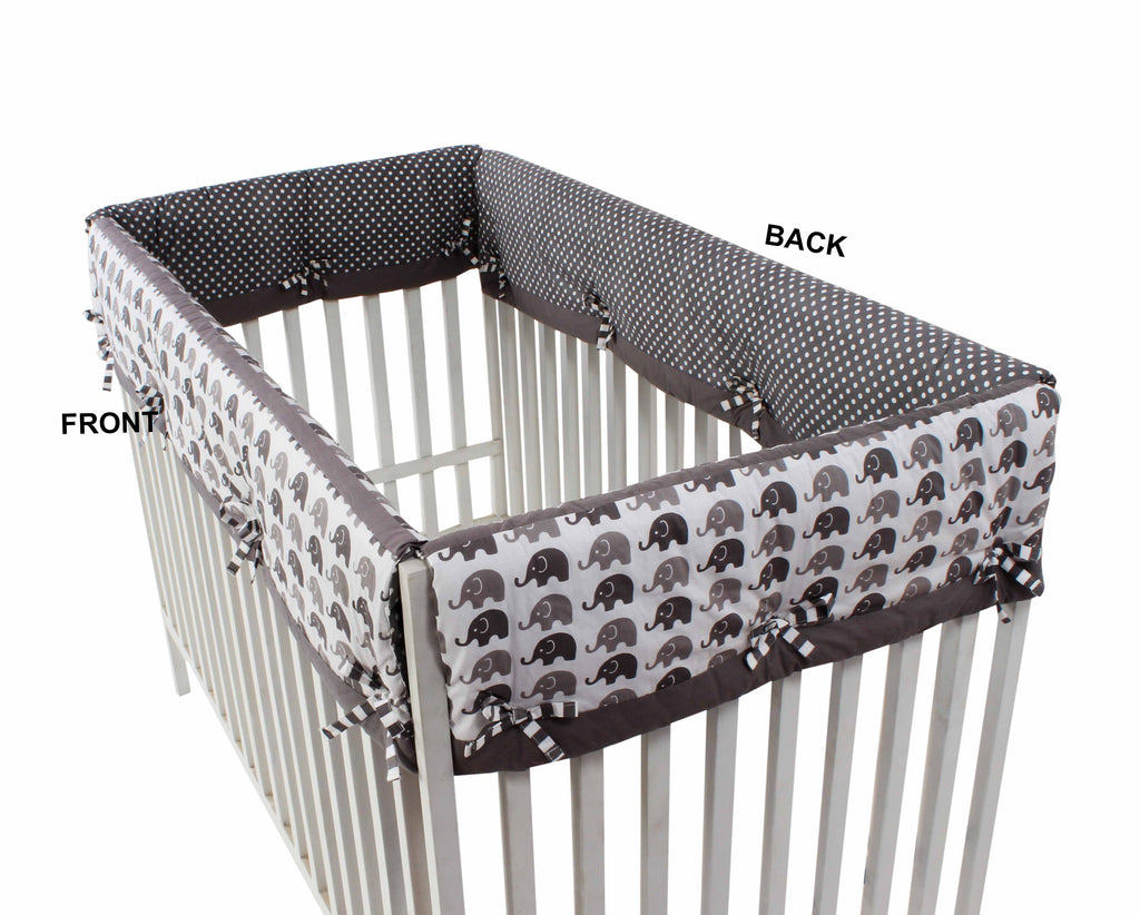 Long/Small Crib Rail Guard Covers Cotton Elephants White/Grey - Bacati - Crib Rail Guard - Bacati