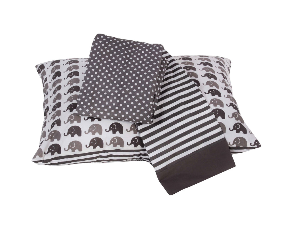 Toddler Bedding/Sheet Set 100% Cotton Percale, Elephants White/Grey - Bacati - 4 pc Toddler Bedding Set - Bacati