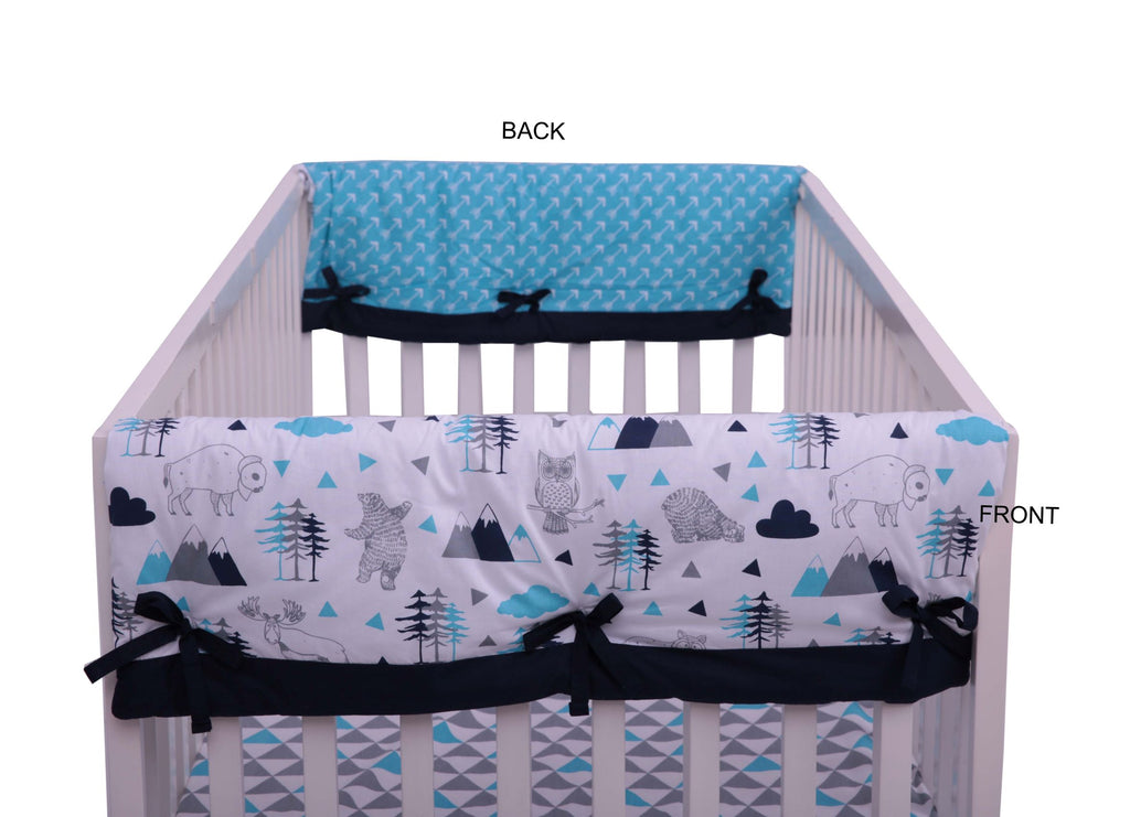 Long/Small Crib Rail Guard Covers Cotton Woodlands Aqua/Navy/Grey - Bacati - Crib Rail Guard - Bacati