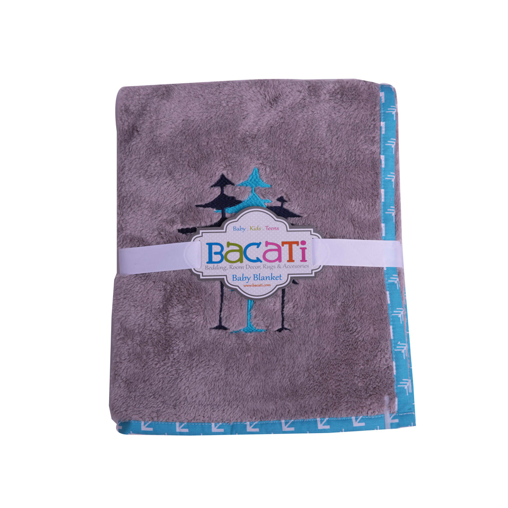 Embroidered Baby Plush Blanket, Woodlands Aqua/Navy/Grey - Bacati - Embroidered Plush Blanket - Bacati