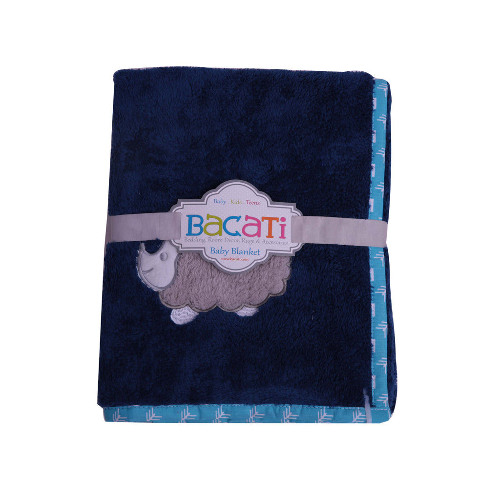 Embroidered Baby Plush Blanket, Woodlands Aqua/Navy/Grey - Bacati - Embroidered Plush Blanket - Bacati