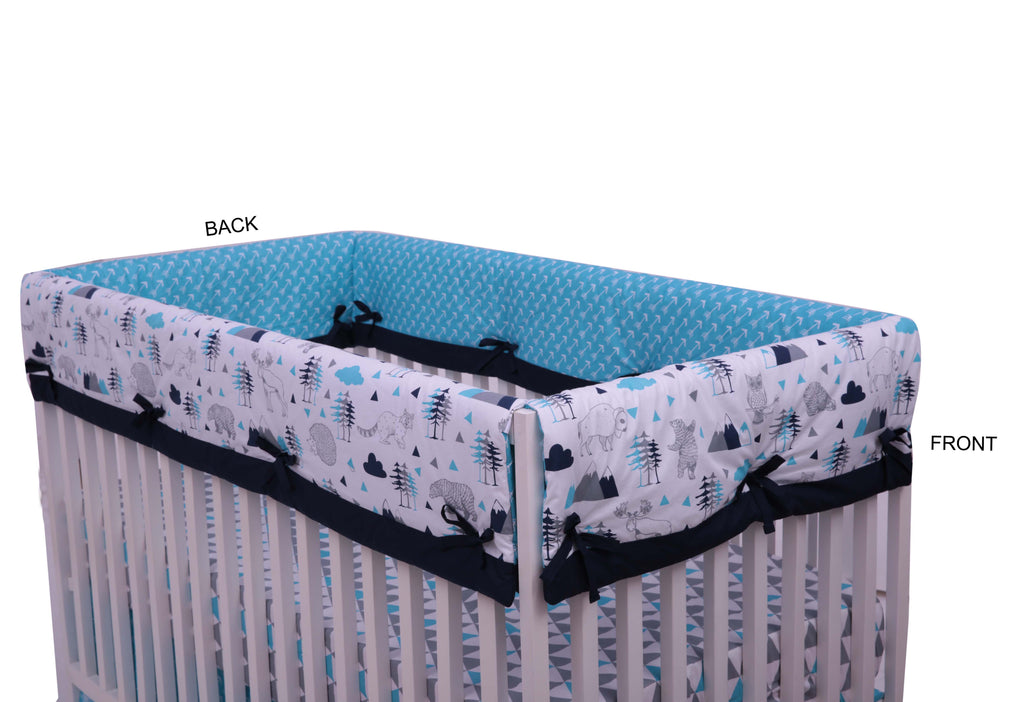 Long/Small Crib Rail Guard Covers Cotton Woodlands Aqua/Navy/Grey - Bacati - Crib Rail Guard - Bacati