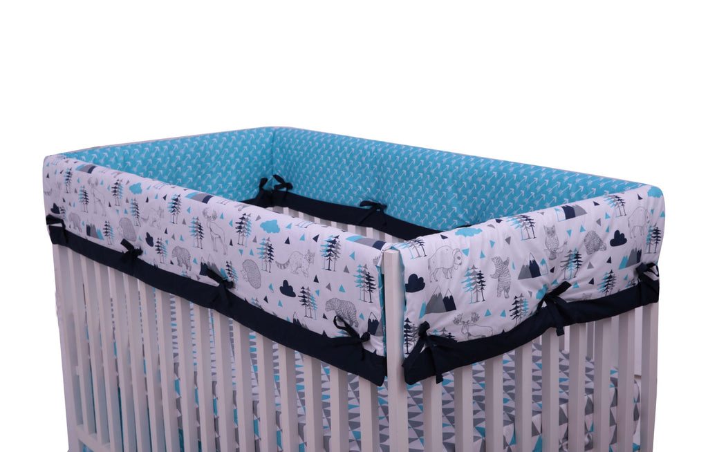 Long/Small Crib Rail Guard Covers Cotton Woodlands Aqua/Navy/Grey - Bacati - Crib Rail Guard - Bacati