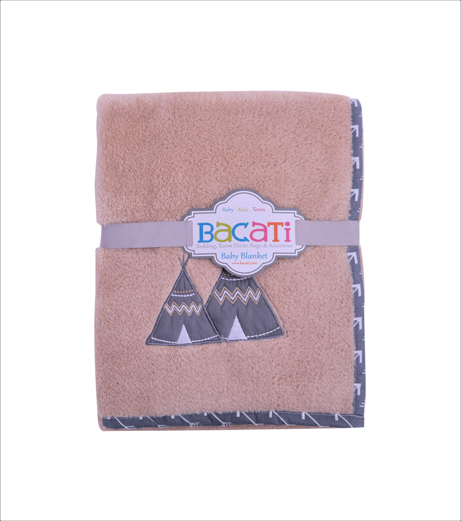 Embroidered Baby Plush Blanket, Woodlands Beige/Grey - Bacati - Embroidered Plush Blanket - Bacati