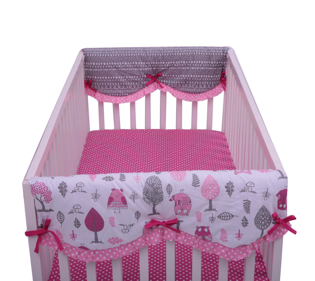 Crib Rail Guard Covers with Safety Padding, Owls in the Woods Pink/Grey - Bacati - Crib Rail Guard - Bacati