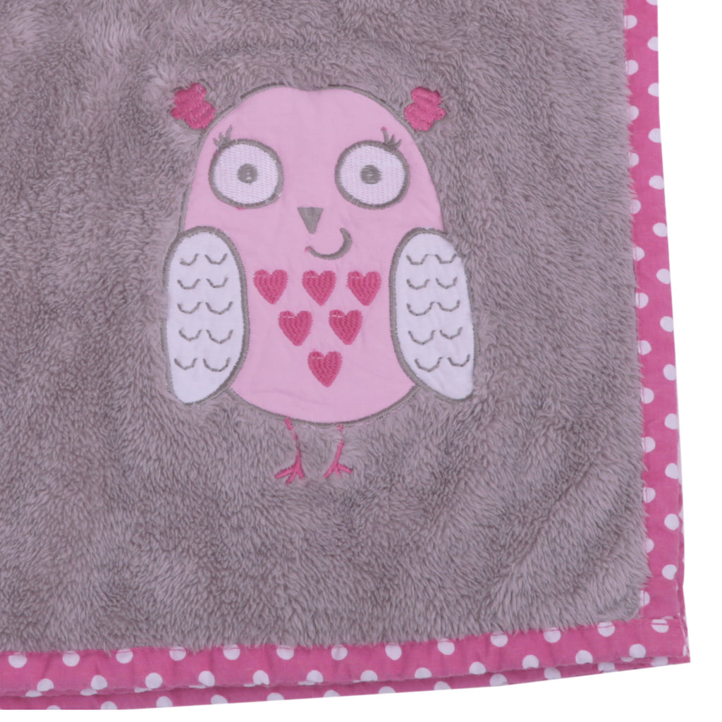 Bacati - Embroidered Plush Pink Blanket, Owls in the Woods Pink/Grey - Bacati - Embroidered Plush Blanket - Bacati