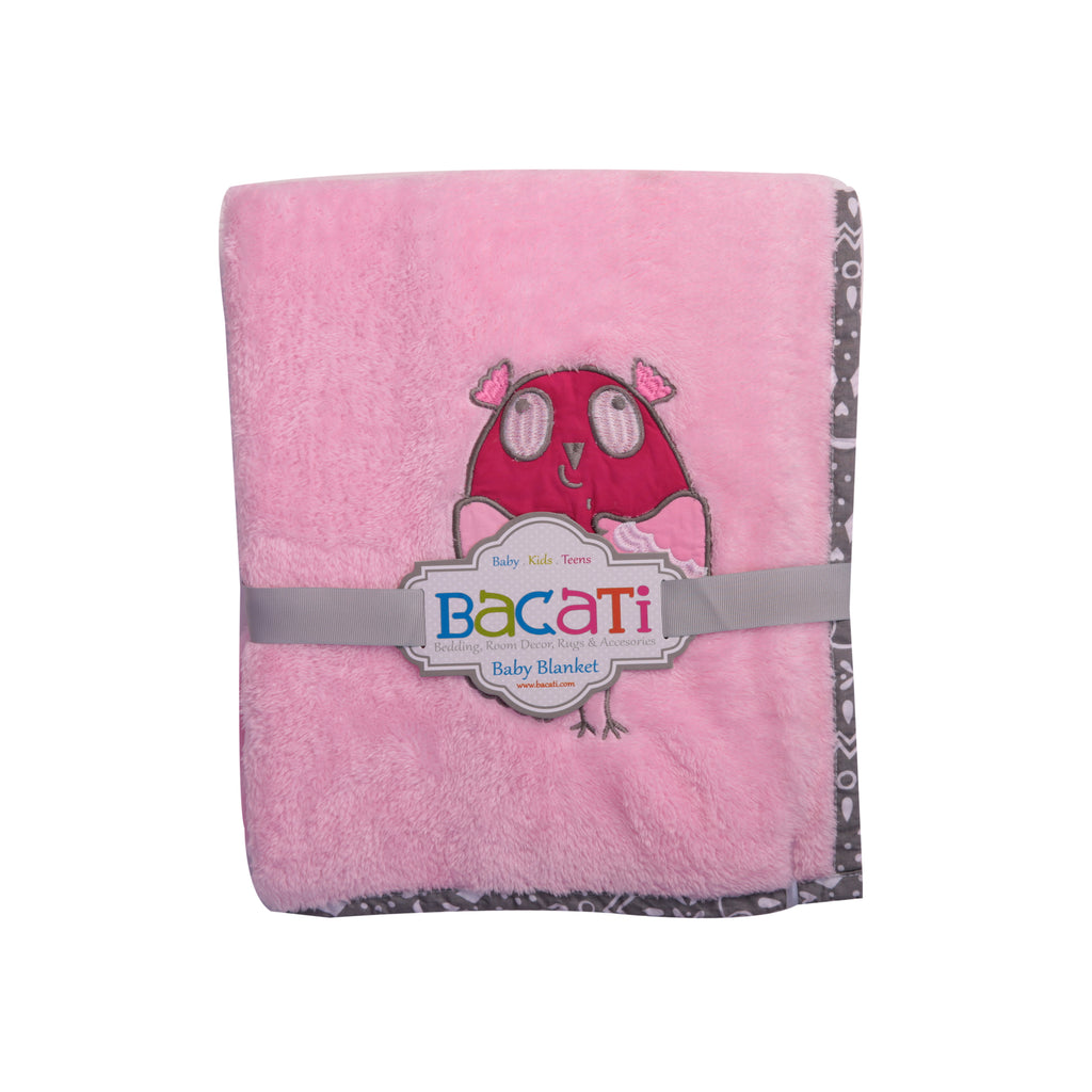 Embroidered Plush Pink Blanket, Owls in the Woods Pink/Grey - Bacati - Embroidered Plush Blanket - Bacati