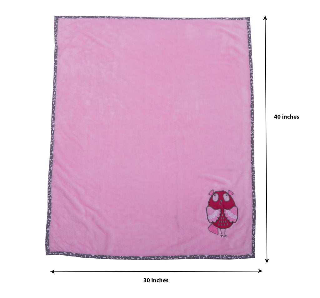 Embroidered Plush Pink Blanket, Owls in the Woods Pink/Grey - Bacati - Embroidered Plush Blanket - Bacati