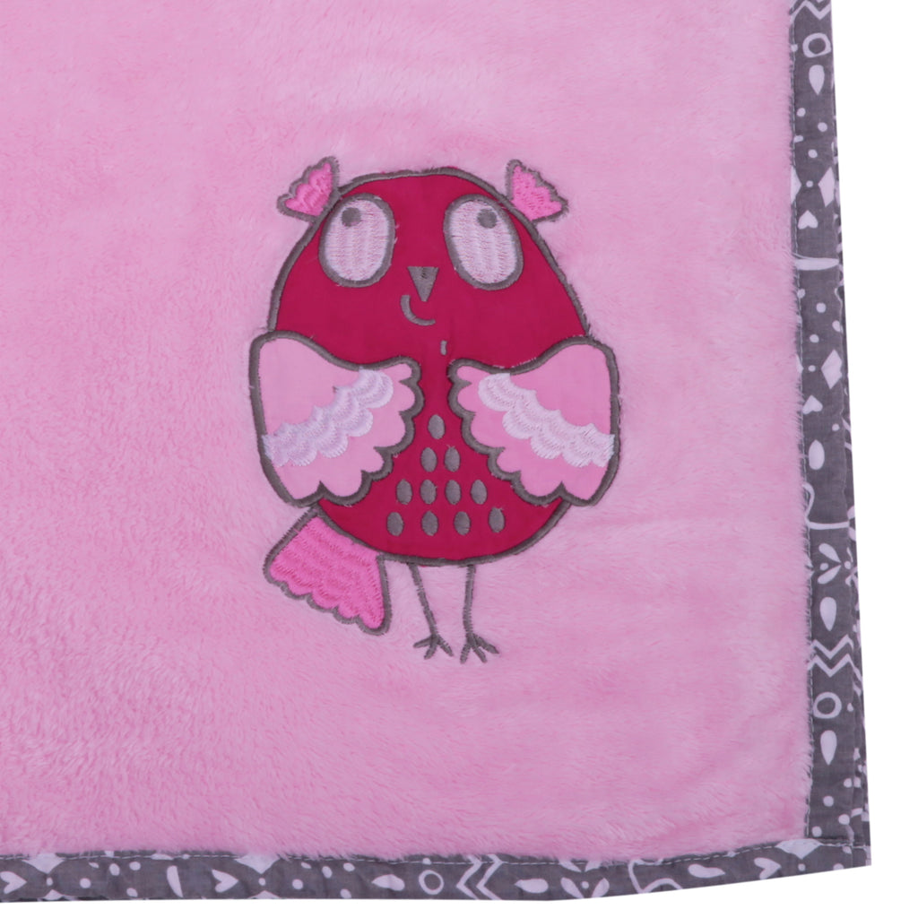 Bacati - Embroidered Plush Pink Blanket, Owls in the Woods Pink/Grey - Bacati - Embroidered Plush Blanket - Bacati