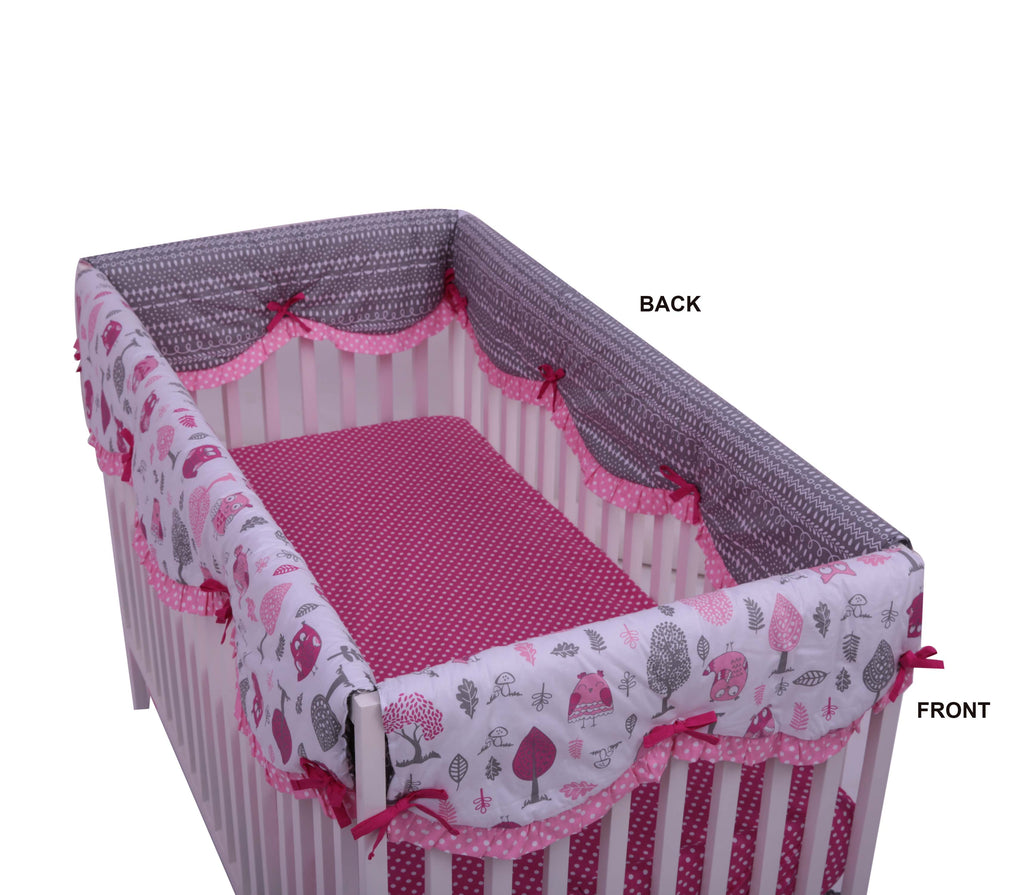 Crib Rail Guard Covers with Safety Padding, Owls in the Woods Pink/Grey - Bacati - Crib Rail Guard - Bacati