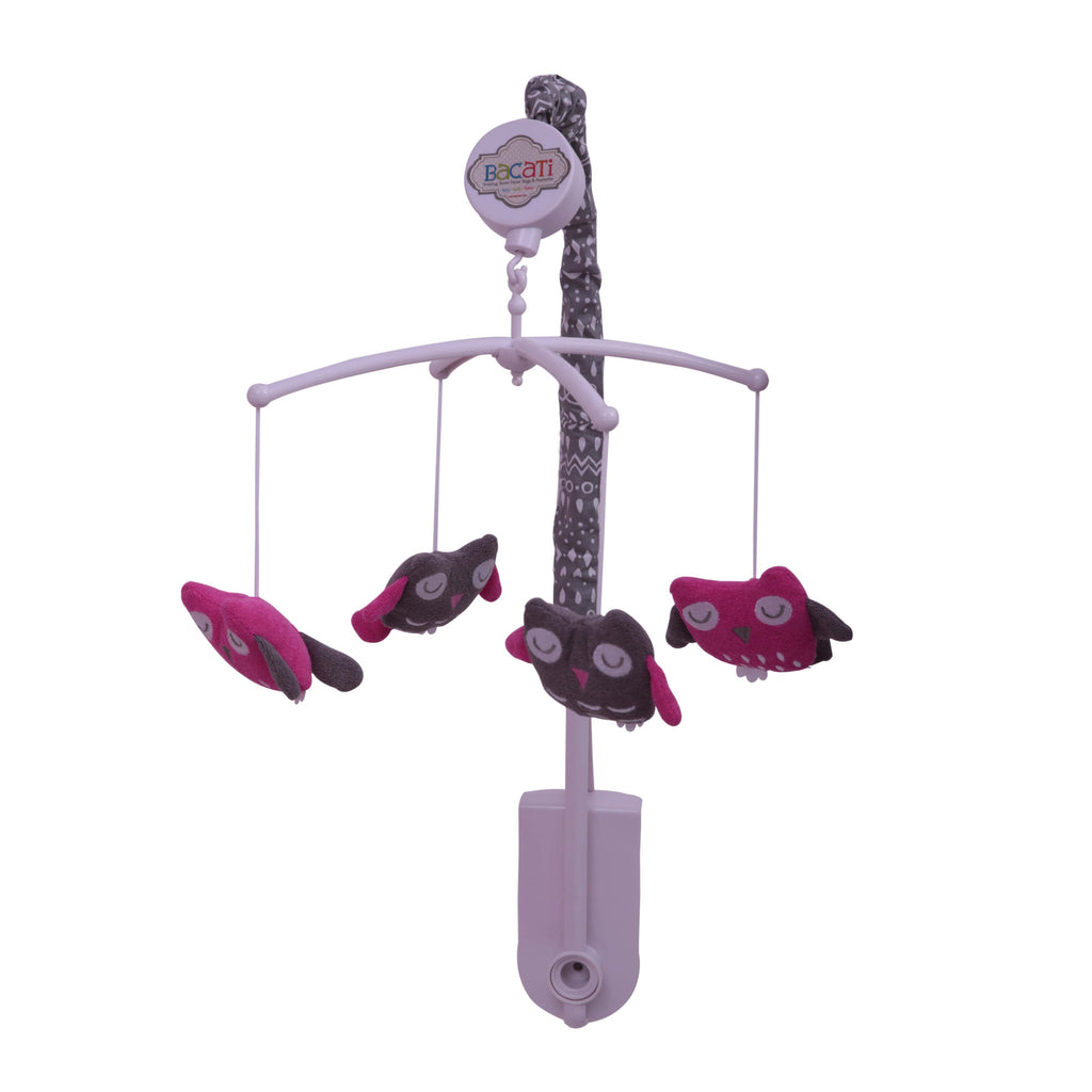 Bacati - Owls in the Woods Pink/Grey Musical Baby Crib Mobile - Bacati - Musical Baby Crib Mobile - Bacati