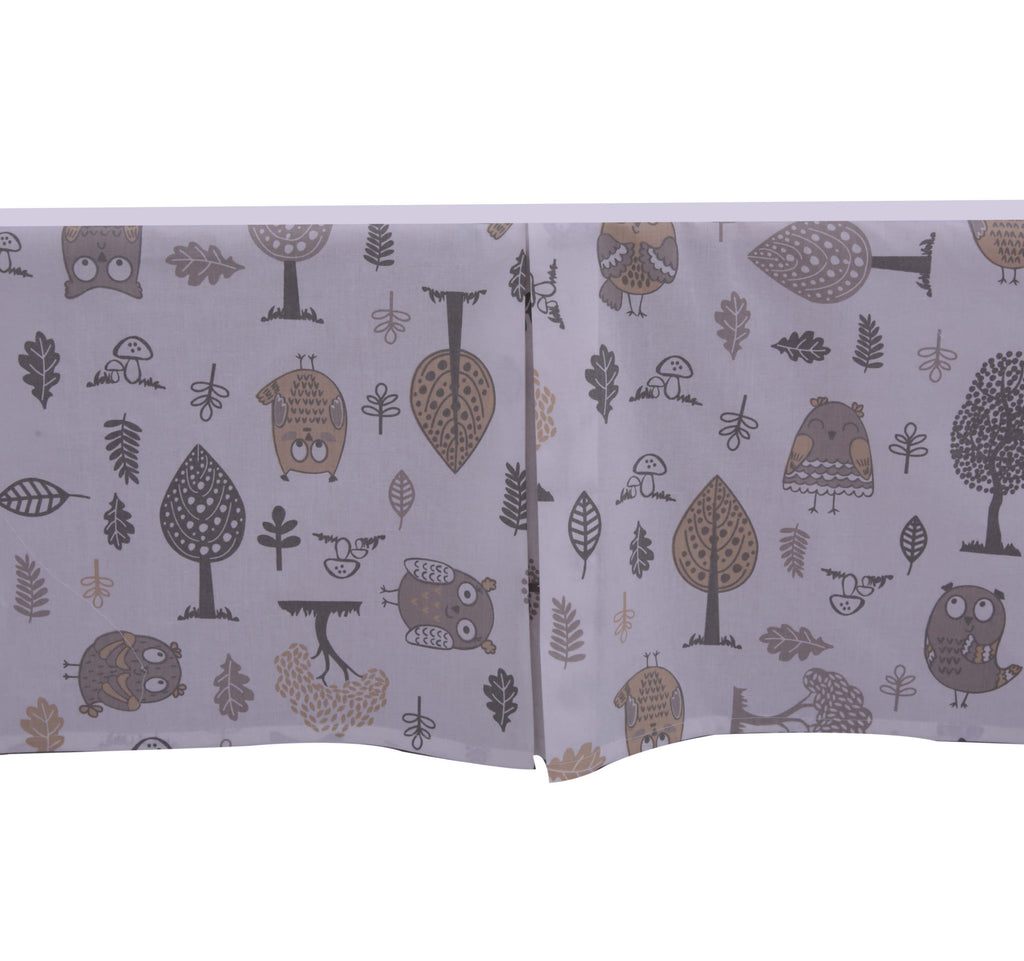 Multiple Options of Crib or Toddler Bed Skirt or Dust Ruffle 100% Cotton Percale, Owls in the Woods Beige/Grey - Bacati - Crib or Toddler Bed Skirt - Bacati