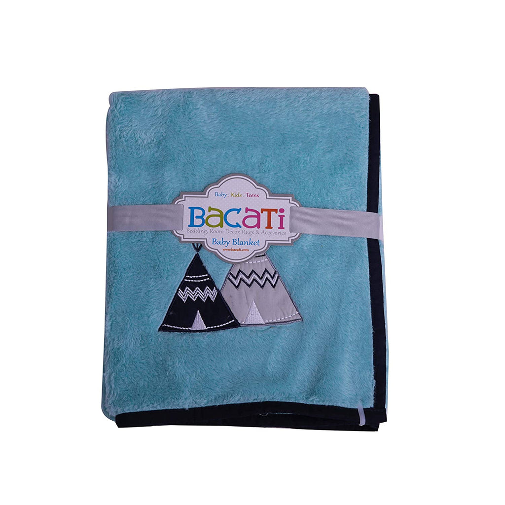 Embroidered Baby Plush Blanket, Woodlands Aqua/Navy/Grey - Bacati - Embroidered Plush Blanket - Bacati