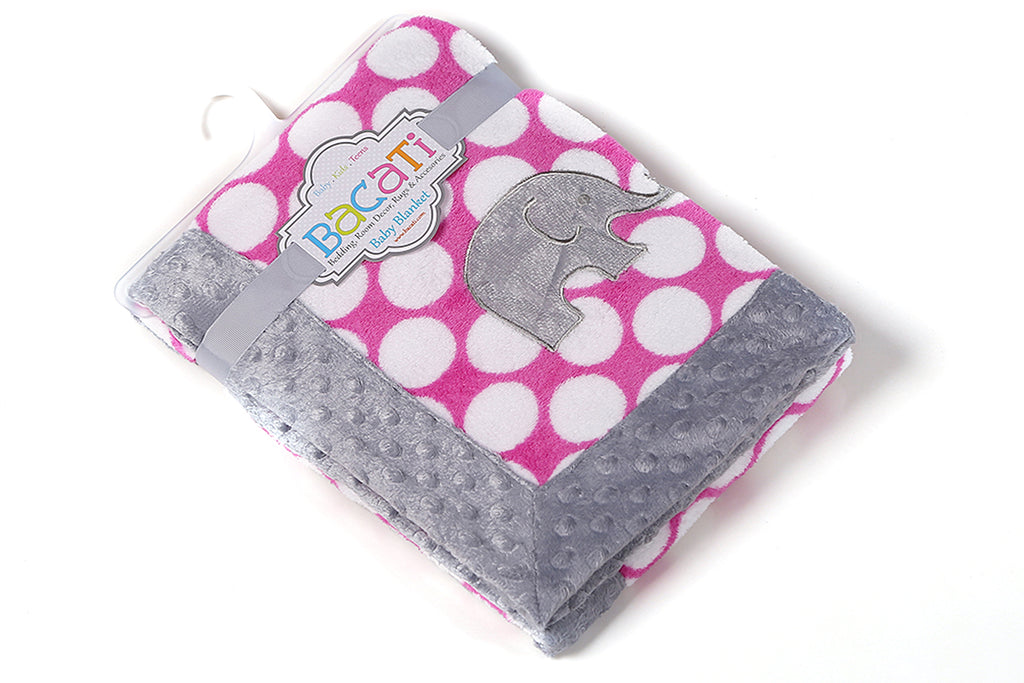 Embroidered Plush Pink Blanket, Elephants Pink/Grey with Multiple Options - Bacati - Embroidered Plush Blanket - Bacati