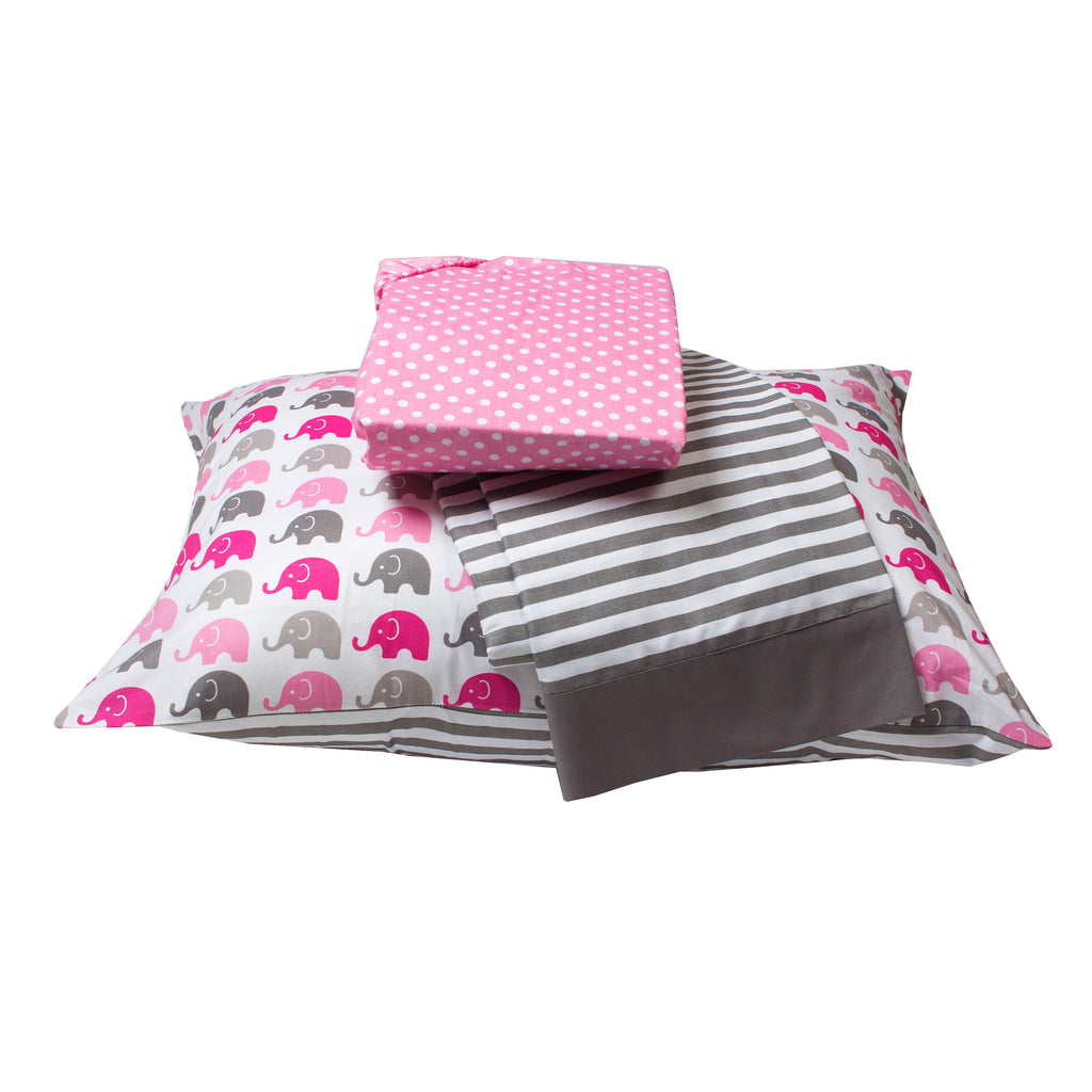 Toddler Bedding/Sheet Set 100% Cotton Percale, Elephants Pink/Grey - Bacati - 4 pc Toddler Bedding Set - Bacati