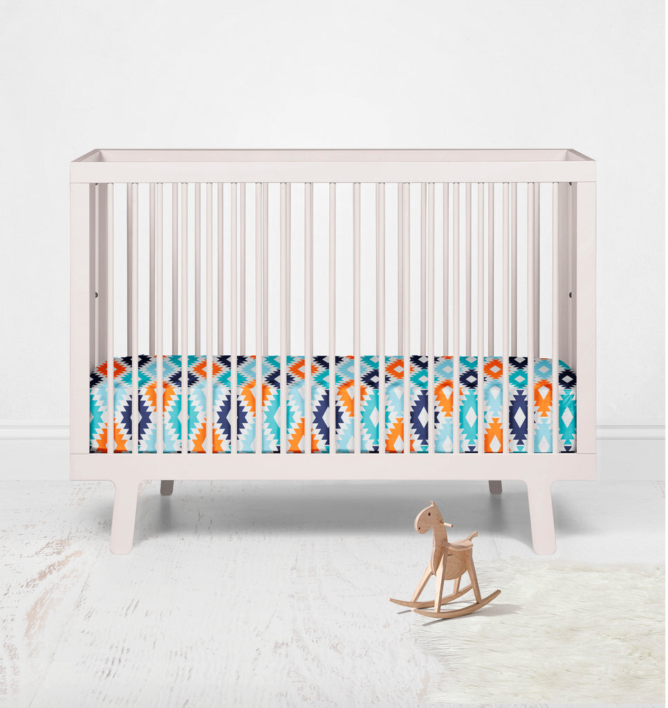 Bacati - Boys Cotton Crib/Toddler Fitted Sheets, Aztec Liam Aqua/Orange/Navy - Bacati - Crib/Toddler Fitted Sheet - Bacati