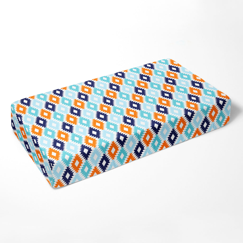 Bacati - Boys Cotton Crib/Toddler Fitted Sheets, Aztec Liam Aqua/Orange/Navy - Bacati - Crib/Toddler Fitted Sheet - Bacati