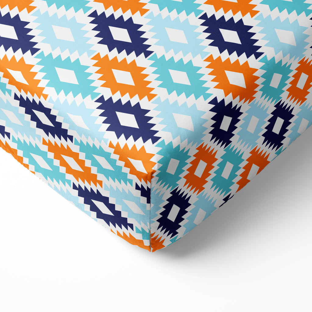 Bacati - Boys Cotton Crib/Toddler Fitted Sheets, Aztec Liam Aqua/Orange/Navy - Bacati - Crib/Toddler Fitted Sheet - Bacati