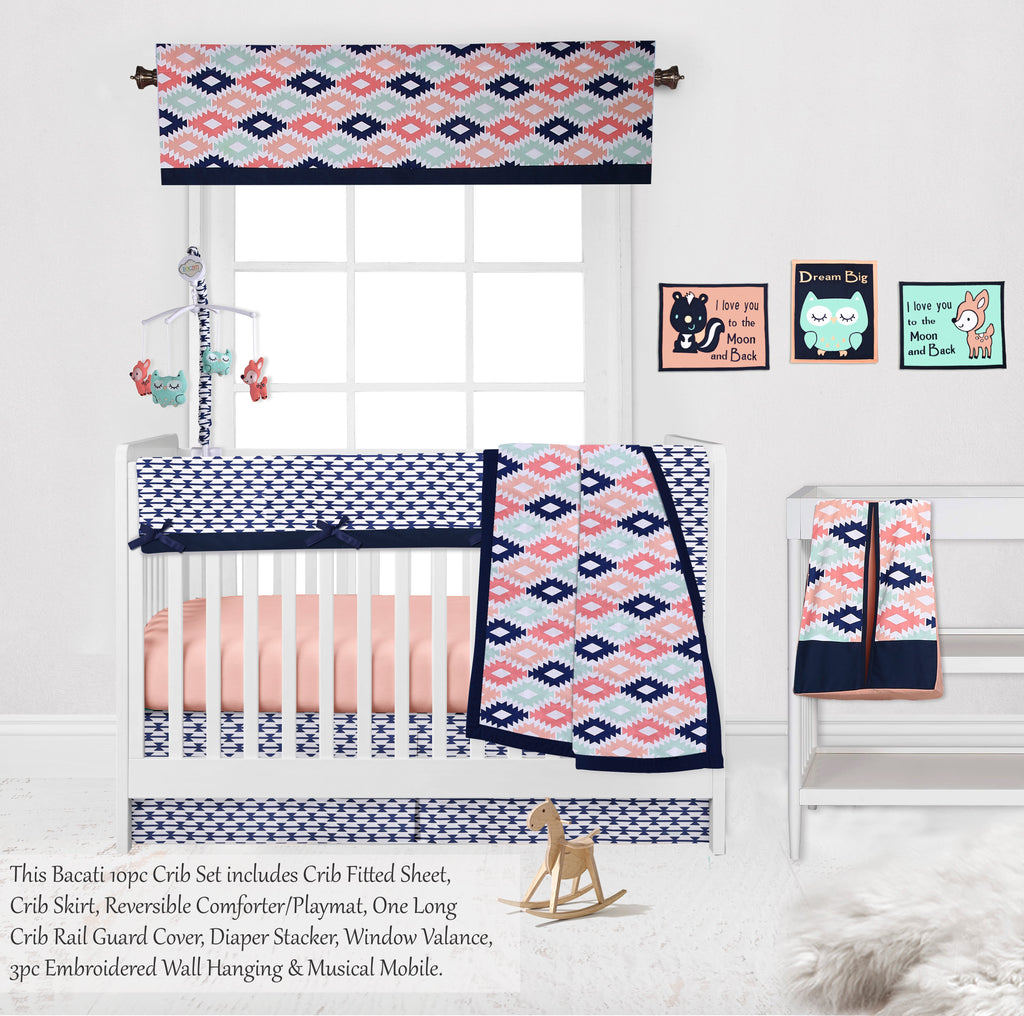 Aztec Emma Coral/Mint/Navy Girls Crib Bedding Set - Bacati - Crib Bedding Set - Bacati