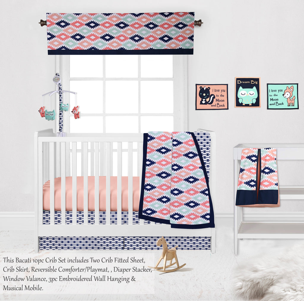 Aztec Emma Coral/Mint/Navy Girls Crib Bedding Set - Bacati - Crib Bedding Set - Bacati