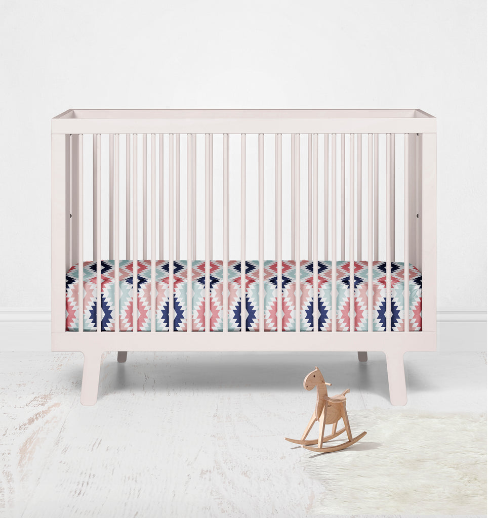 Bacati - Crib or Toddler Bed Fitted Sheet, Aztec Emma Coral/Mint/Navy - Bacati - Crib/Toddler Fitted Sheet - Bacati